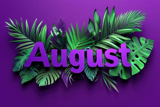 A colorful arrangement of tropical leaves surrounds the bold word August, set against a striking purple background. The design suggests a celebration of summer and nature.