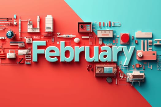 The artwork showcases the word February in bold letters, surrounded by a variety of colorful objects and shapes, blending red and teal backgrounds, creating a lively atmosphere.