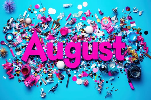 Bright pink letters spell August against a vivid blue backdrop, surrounded by a variety of colorful objects and decorations, creating a fun and festive atmosphere perfect for celebration.