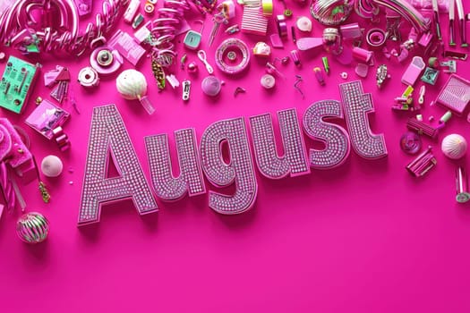 A vibrant display features the word August, crafted from various colorful items. The creative layout includes beads, buttons, and other craft supplies arranged against a vivid pink surface.