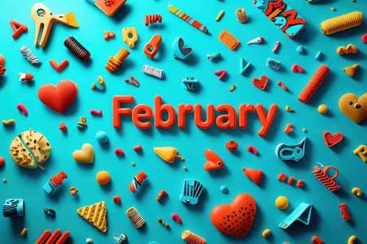 Colorful geometric shapes and symbols are artistically arranged on a bright turquoise backdrop. The word February stands out prominently among playful designs, creating an engaging visual composition.