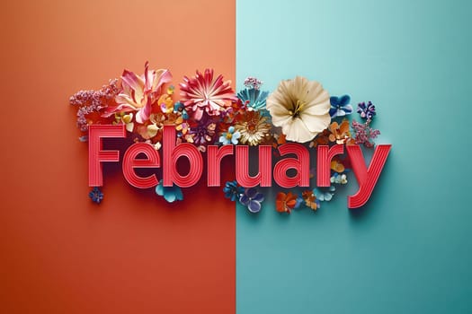The artwork features the word February in bold red letters surrounded by a variety of flowers and colorful embellishments against a split background of orange and blue.