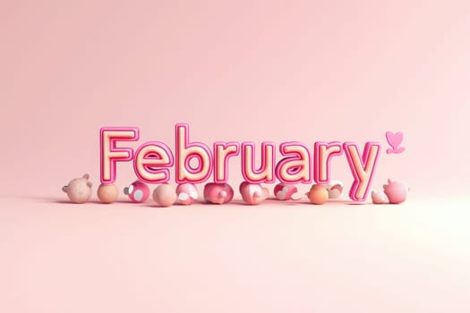 Bright lettering spells out February in joyful colors, surrounded by adorable, soft decorations on a pastel pink backdrop. This cheerful scene captures the essence of the month.