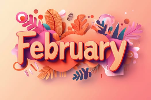 A vibrant design showcases the word February in bold letters, surrounded by abstract shapes and colorful leaves, evoking creativity and warmth. Perfect for seasonal themes and celebrations.