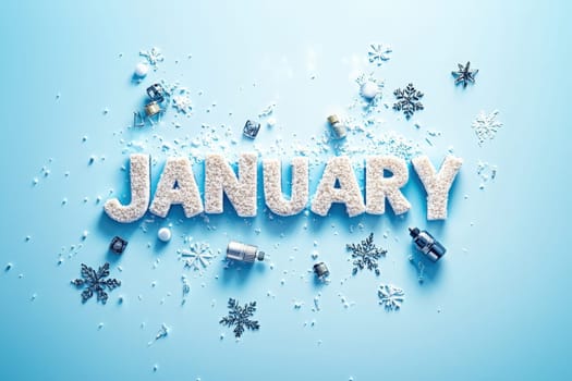 A playful depiction of the word January crafted from white sugar against a light blue background, surrounded by snowflakes and small decorations. This festive setup evokes winter cheer.