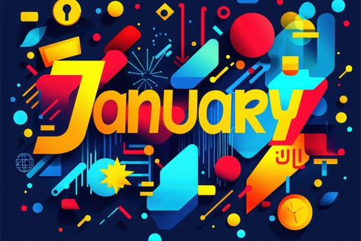 This artwork showcases the word January in bold lettering surrounded by a variety of colorful geometric shapes and patterns.