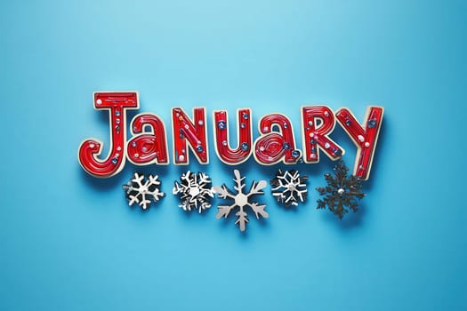 Colorful lettering spells out January, accompanied by decorative snowflakes, set against a bright blue background. This cheerful display evokes a winter theme and the new year celebration.