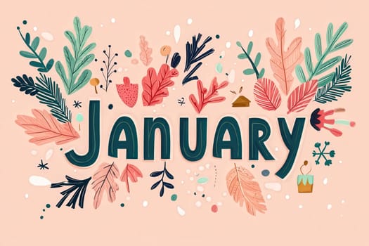 This creative illustration highlights the month of January, featuring vibrant leaves and whimsical designs in soft hues.