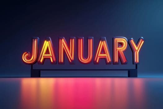 A vibrant neon display showcases the word January in bold, glowing letters. The sign casts colorful reflections on a smooth surface, creating an engaging visual effect.