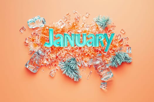 Bright lettering spelling January is surrounded by crushed ice and miniature pine branches. The whimsical design captures the freshness and coolness of the winter month, adding a festive touch.