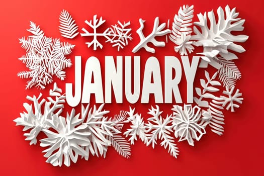 January is creatively portrayed with bold white lettering surrounded by intricate snowflakes and winter foliage against a bright red backdrop. The design evokes a festive winter atmosphere.
