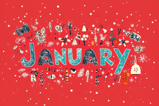 The artwork features colorful designs representing January, including snowflakes, trees, and festive elements. It conveys a cheerful winter atmosphere with a bright red background.