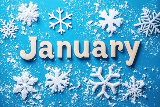 A creative winter arrangement displaying the word January surrounded by decorative snowflakes. Snowy white elements contrast with a bright blue background, evoking a chilly atmosphere.