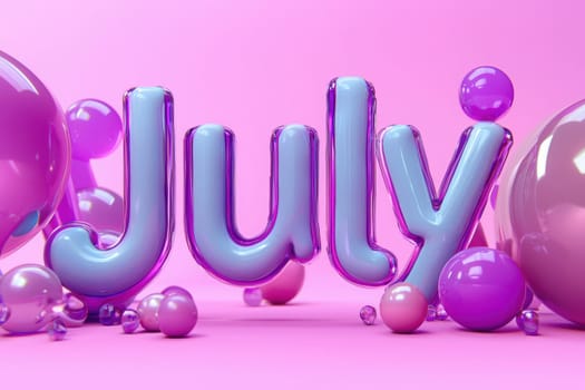 A vibrant design features bold, glossy letters spelling July in purple and blue shades, surrounded by glossy spheres of varying sizes on a pink background, creating a festive atmosphere.