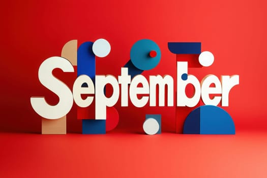 Bold letters spell out September, surrounded by various geometric shapes in red, blue, and cream. The dynamic arrangement highlights the months significance in a playful way.