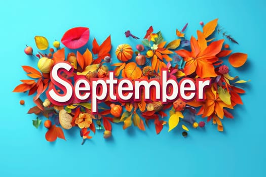 Vibrant autumn leaves, pumpkins, and floral accents create a festive display surrounding the word September. The bright blue background enhances the seasonal colors, evoking a cheerful atmosphere.
