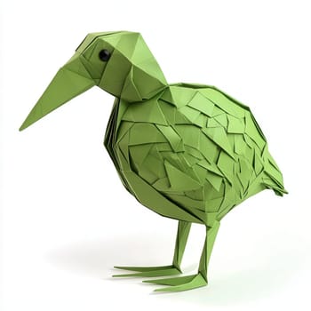 A detailed origami bird stands upright, showcasing a vibrant green color. The piece features sharp angles and creases, embodying a creative blend of craftsmanship and art.