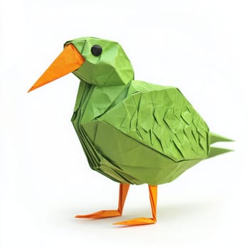 A detailed origami bird stands upright, showcasing intricate folds and vibrant colors. The green body features orange beak and legs, creating an eye-catching contrast and artistic design.