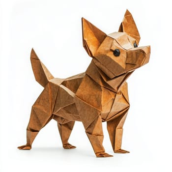 A detailed origami sculpture of a chihuahua stands upright, showcasing intricate folding techniques. The brown paper design highlights the dogs ears, eyes, and tail, emphasizing its playful nature.