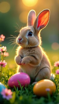 Charming image of playful bunny nestled in colorful Easter eggs, surrounded by delicate blossoms and soft green grass, evoking feelings of warmth, joy, and renewal for spring festivities