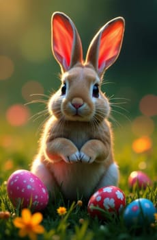 Sweet bunny posing with pastel-colored eggs at sunny meadow, accentuated by blooming flowers. This delightful image embodies Easter spirit, making it perfect for greeting cards and seasonal decor