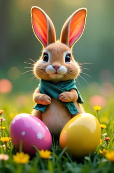 Sweet bunny posing with pastel-colored eggs at sunny meadow, accentuated by blooming flowers. This delightful image embodies Easter spirit, making it perfect for greeting cards and seasonal decor