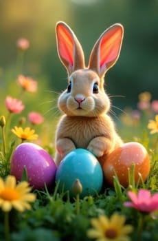 Whimsical bunny with fluffy fur standing proudly near colorful eggs, set against a backdrop of radiant flowers and grass. Enchanting scene ideal for Easter celebration graphics and invitations