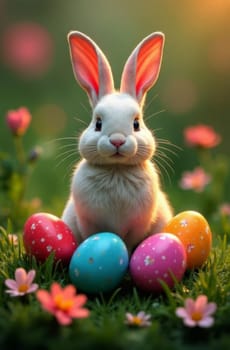 Lovely little bunny surrounded by vibrant Easter eggs and colorful wildflowers in sunlit garden, portraying cheerful spirit of springtime. Perfect illustration for heartwarming holiday cards