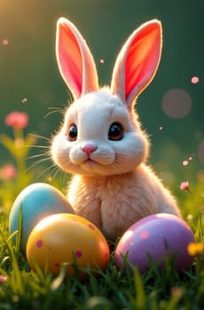 Whimsical bunny with fluffy fur standing proudly near colorful eggs, set against a backdrop of radiant flowers and grass. Enchanting scene ideal for Easter celebration graphics and invitations