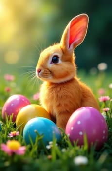 Lovely little bunny surrounded by vibrant Easter eggs and colorful wildflowers in sunlit garden, portraying cheerful spirit of springtime. Perfect illustration for heartwarming holiday cards