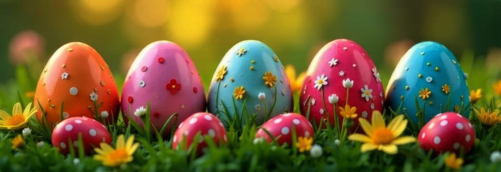 Colorful Easter banner showcasing vibrant eggs in lush green meadow surrounded by cheerful flowers. Perfect for celebrating spring, holiday festivities, this digital design radiates joy, brightness
