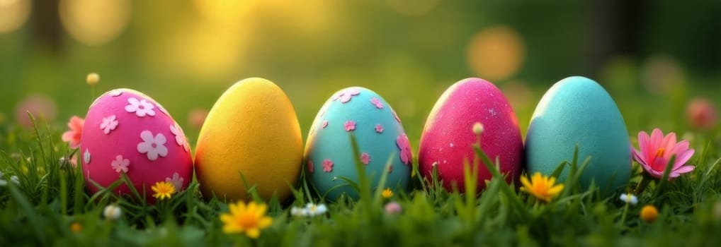 Colorful Easter banner showcasing vibrant eggs in lush green meadow surrounded by cheerful flowers. Perfect for celebrating spring, holiday festivities, this digital design radiates joy, brightness
