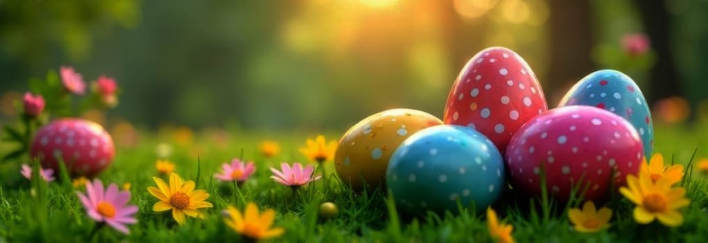 Festive Easter banner features delightful arrangement of pastel colored eggs nestled in fresh grass with blooming flowers. For seasonal promotions, this vibrant imagery captures essence of celebration