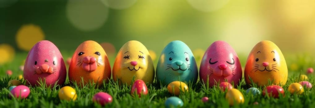 Charming Easter banner displaying beautifully painted eggs on vibrant green lawn. Adding touch of springtime cheer, for marketing campaigns, festive events, holiday decorations