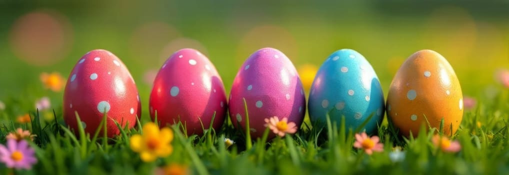 Charming Easter banner displaying beautifully painted eggs on vibrant green lawn. Adding touch of springtime cheer, for marketing campaigns, festive events, holiday decorations