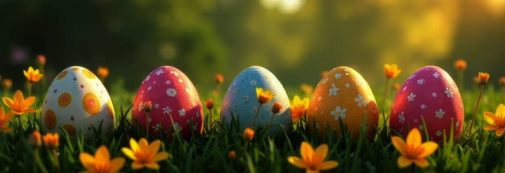 Bright, playful Easter banner with array of colorful eggs set against vivid green backdrop. This cheerful design is perfect for enhancing holiday spirit, attracting attention to seasonal promotions