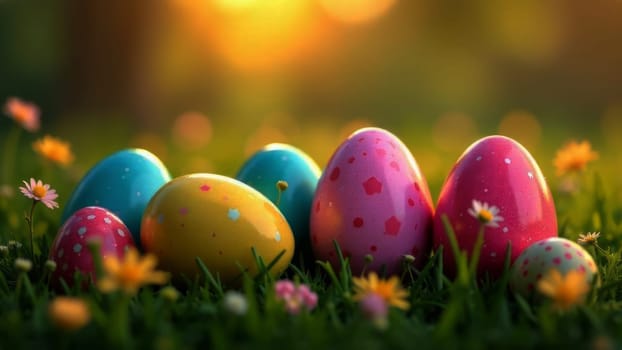 Brightly colored Easter eggs arranged on grassy meadow, highlighted by beautiful blooming flowers, radiating warmth and cheerfulness. Ideal for festive designs, seasonal decorations