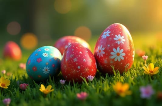 Brightly colored Easter eggs arranged on grassy meadow, highlighted by beautiful blooming flowers, radiating warmth and cheerfulness. Ideal for festive designs, seasonal decorations