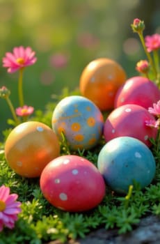 Beautifully arranged Easter eggs in vibrant colors, sitting on vivid green grass with lovely wildflowers, evoking playful spirit of Easter celebrations. Great for seasonal cards and art prints