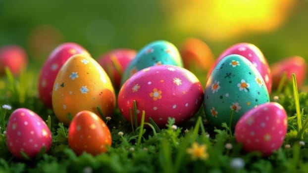 Colorful collection of Easter eggs nestled in lush green grass, surrounded by delicate daisies, vibrant flowers, capturing joyful essence of spring, holiday celebrations. Perfect for greeting cards