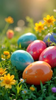 Beautifully arranged Easter eggs in vibrant colors, sitting on vivid green grass with lovely wildflowers, evoking playful spirit of Easter celebrations. Great for seasonal cards and art prints