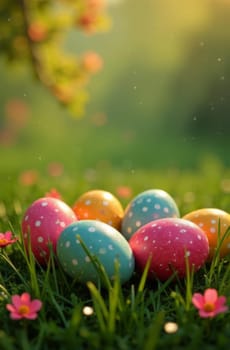 Eye catching display of decorated Easter eggs scattered among fresh green grass, colorful daisy flowers, creating enchanting atmosphere of spring holidays. Perfect illustration for festive greetings