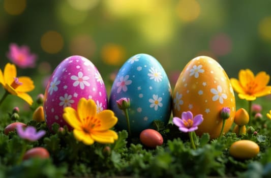 Beautifully arranged Easter eggs in vibrant colors, sitting on vivid green grass with lovely wildflowers, evoking playful spirit of Easter celebrations. Great for seasonal cards and art prints