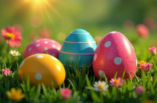 Colorful collection of Easter eggs nestled in lush green grass, surrounded by delicate daisies, vibrant flowers, capturing joyful essence of spring, holiday celebrations. Perfect for greeting cards