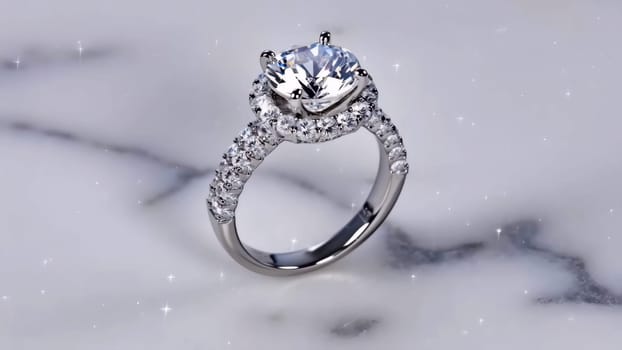 Closeup engagement ring showcasing a magnificent diamond solitaire. The piece is crafted from luxurious platinum, surrounded by intricate details.