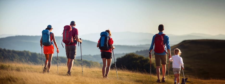 A family enjoys a hiking adventure in the mountains during a sunny day, showcasing beautiful natural scenery and the joy of outdoor exploration. Generative AI.