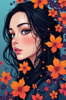 A young woman with striking blue eyes gazes softly while framed by bright orange and purple flowers, creating a vivid, colorful illustration backdrop. Generative AI.