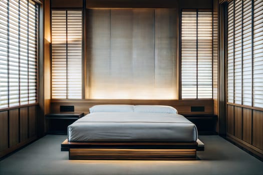 A spacious bedroom showcases a low-profile bed with a white comforter. Wooden walls, soft lighting, and minimal decor create a calming atmosphere. Generative AI.