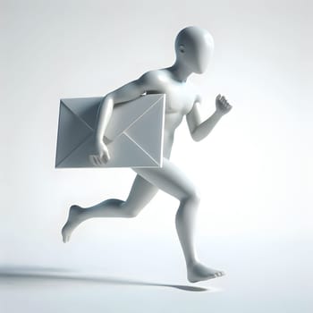 A stylized, faceless 3D figure runs while carrying a large, white envelope against a plain background, rendered in a minimalist style. Generative AI.