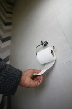 A hand is pulling down toilet paper from a roll in a stylish restroom.